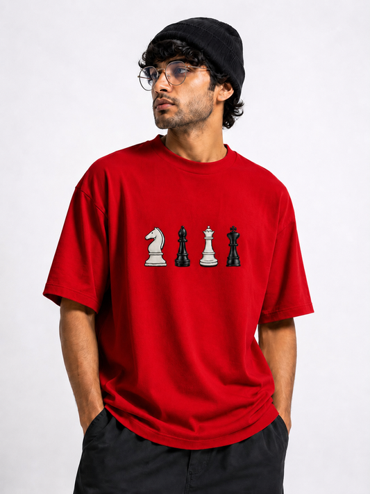 STELLAVITA CLOTHING Oversized Men & Women Red  Premium Chess Embroidery Round Neck T-Shirt Causal Wear Teas
