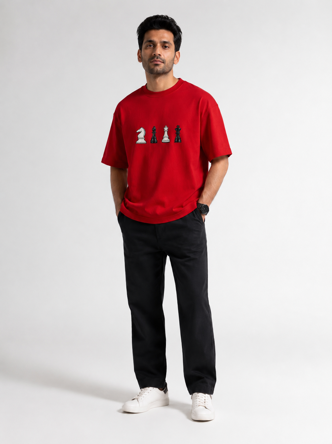 STELLAVITA CLOTHING Oversized Men & Women Red  Premium Chess Embroidery Round Neck T-Shirt Causal Wear Teas