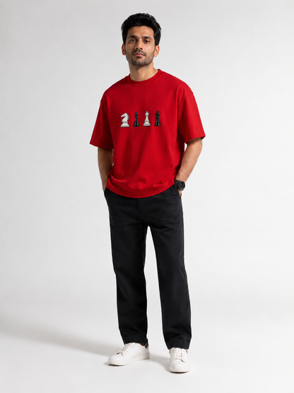 STELLAVITA CLOTHING Oversized Men & Women Red  Premium Chess Embroidery Round Neck T-Shirt Causal Wear Teas