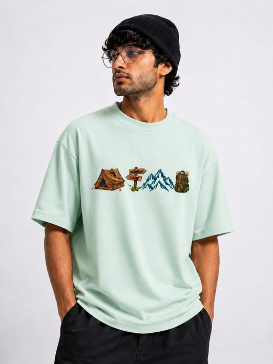 Premium Mint Green  Camp Embroidery Design Loose Fit Casual Tee Unisex Oversized Drop Shoulder T-Shirt for Men & Women