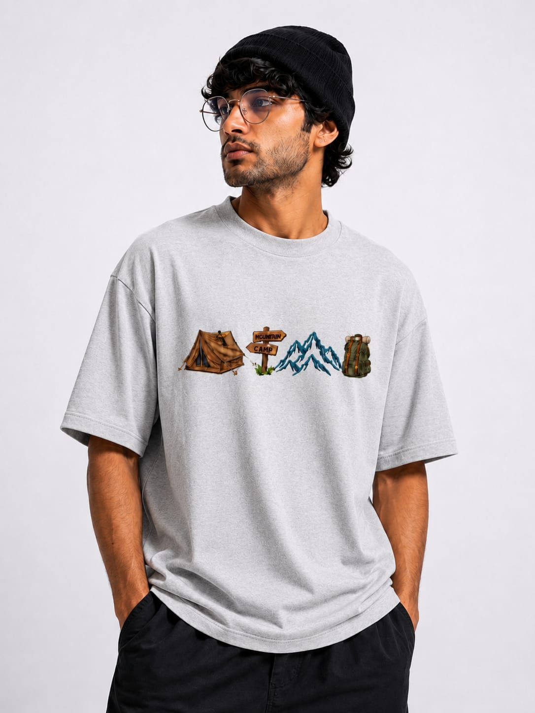 Unisex Oversized Drop Shoulder T-Shirt | Premium Grey Colour Camp Embroidery Design Loose Fit Casual Tee for Men & Women
