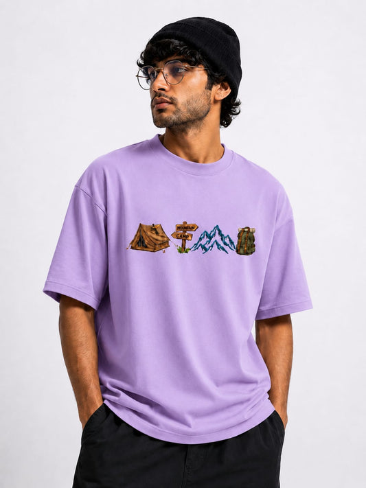 Unisex Oversized Drop Shoulder T-Shirt | Premium Purple Camp Embroidery Design Loose Fit Casual Tee for Men & Women
