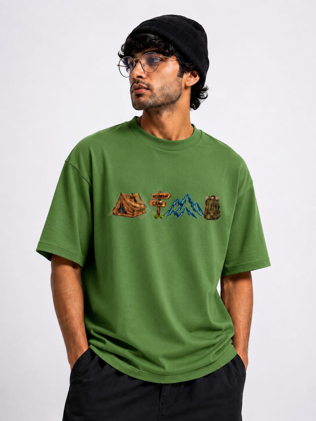 Unisex Oversized Drop Shoulder T-Shirt | Premium Green  Camp Embroidery Design Loose Fit Casual Tee for Men & Women