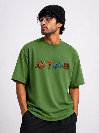 Unisex Oversized Drop Shoulder T-Shirt | Premium Green  Camp Embroidery Design Loose Fit Casual Tee for Men & Women
