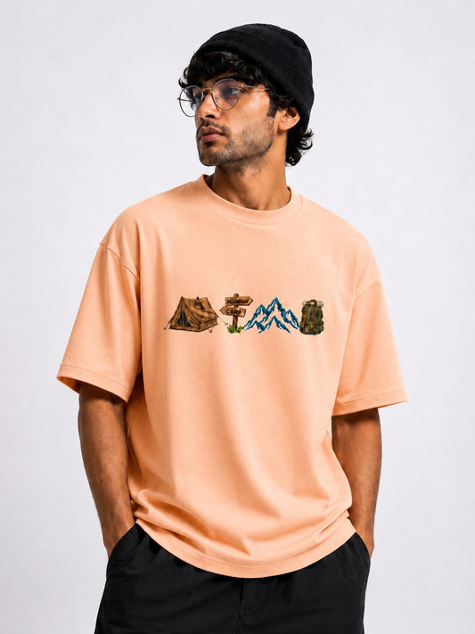 Unisex Oversized Drop Shoulder T-Shirt | Premium Peach Camp Embroidery Design Loose Fit Casual Tee for Men & Women