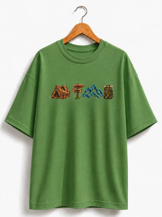 Unisex Oversized Drop Shoulder T-Shirt | Premium Green  Camp Embroidery Design Loose Fit Casual Tee for Men & Women