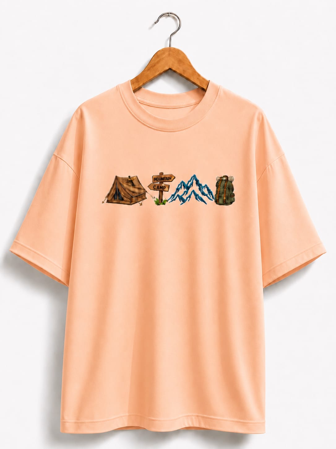 Unisex Oversized Drop Shoulder T-Shirt | Premium Peach Camp Embroidery Design Loose Fit Casual Tee for Men & Women