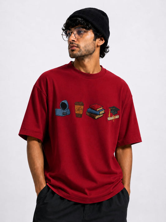 STELLAVITA CLOTHING  Premium ‘Study Journey’ Embroidery Design T-Shirt | Unisex Oversized Drop Shoulder Teas | Loose Fit Casual Tee for Men & Women (RED)