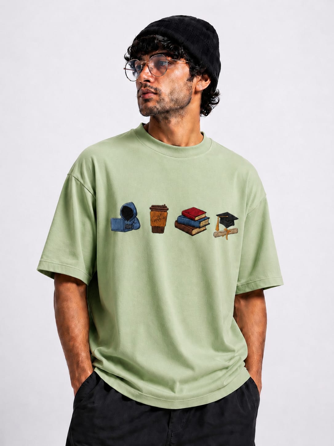 STELLAVITA CLOTHING  Premium ‘Study Journey’ Embroidery Design T-Shirt | Unisex Oversized Drop Shoulder Teas | Loose Fit Casual Tee for Men & Women (LIGHT GREEN)