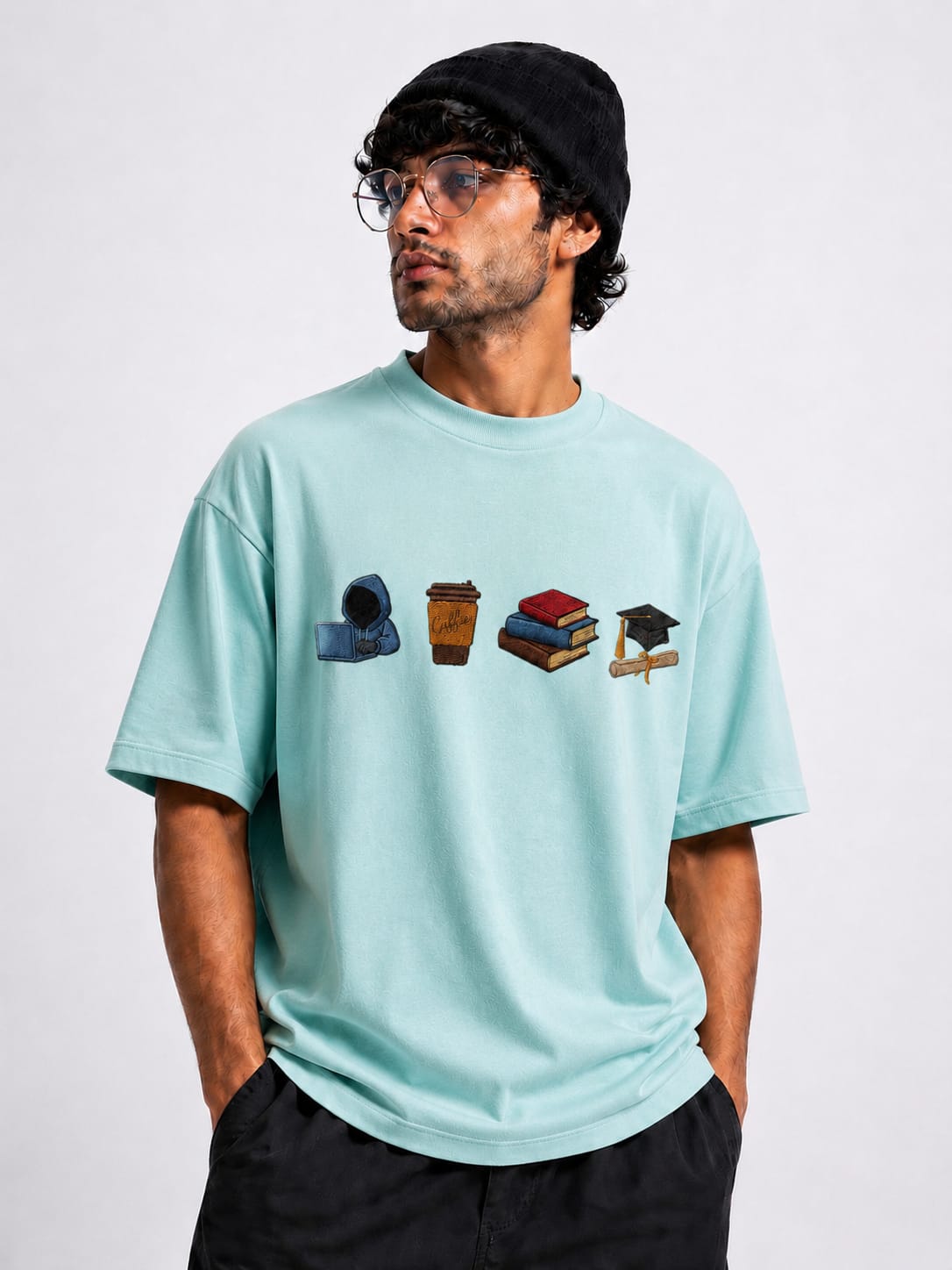 STELLAVITA CLOTHING  Premium ‘Study Journey’ Embroidery Design T-Shirt | Unisex Oversized Drop Shoulder Teas | Loose Fit Casual Tee for Men & Women (SKY BLUE)