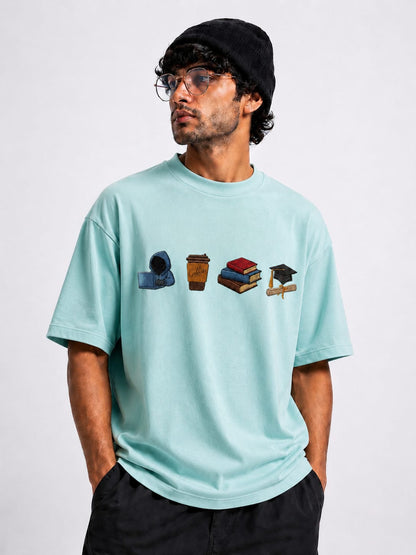 STELLAVITA CLOTHING  Premium ‘Study Journey’ Embroidery Design T-Shirt | Unisex Oversized Drop Shoulder Teas | Loose Fit Casual Tee for Men & Women (SKY BLUE)