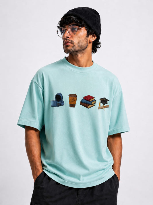 STELLAVITA CLOTHING  Premium ‘Study Journey’ Embroidery Design T-Shirt | Unisex Oversized Drop Shoulder Teas | Loose Fit Casual Tee for Men & Women (SKY BLUE)