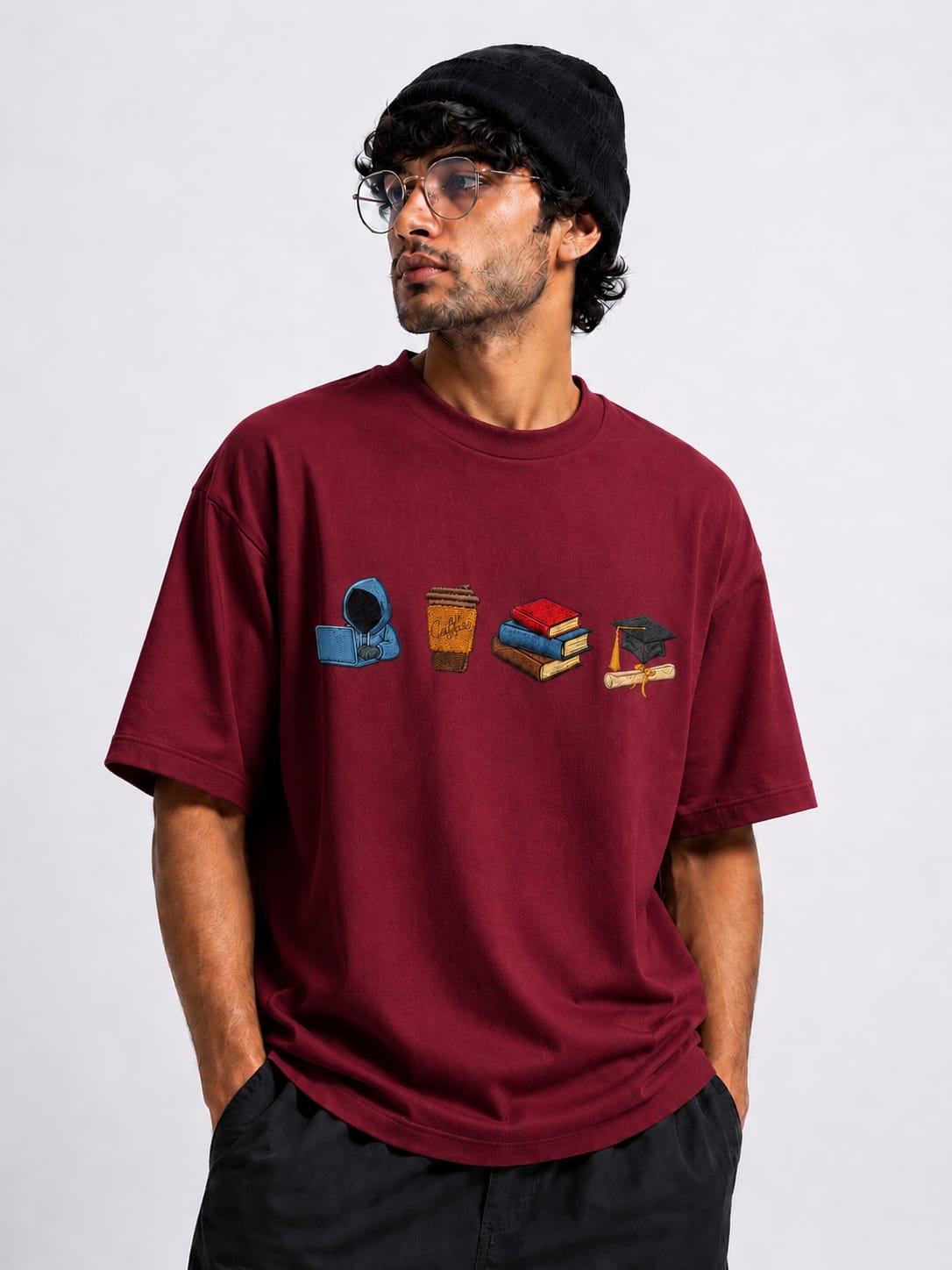STELLAVITA CLOTHING  Premium ‘Study Journey’ Embroidery Design T-Shirt | Unisex Oversized Drop Shoulder Teas | Loose Fit Casual Tee for Men & Women (WINE)