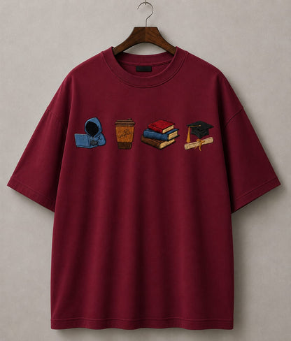 STELLAVITA CLOTHING  Premium ‘Study Journey’ Embroidery Design T-Shirt | Unisex Oversized Drop Shoulder Teas | Loose Fit Casual Tee for Men & Women (WINE)