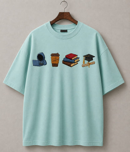 STELLAVITA CLOTHING  Premium ‘Study Journey’ Embroidery Design T-Shirt | Unisex Oversized Drop Shoulder Teas | Loose Fit Casual Tee for Men & Women (SKY BLUE)