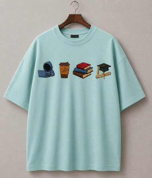 STELLAVITA CLOTHING  Premium ‘Study Journey’ Embroidery Design T-Shirt | Unisex Oversized Drop Shoulder Teas | Loose Fit Casual Tee for Men & Women (SKY BLUE)