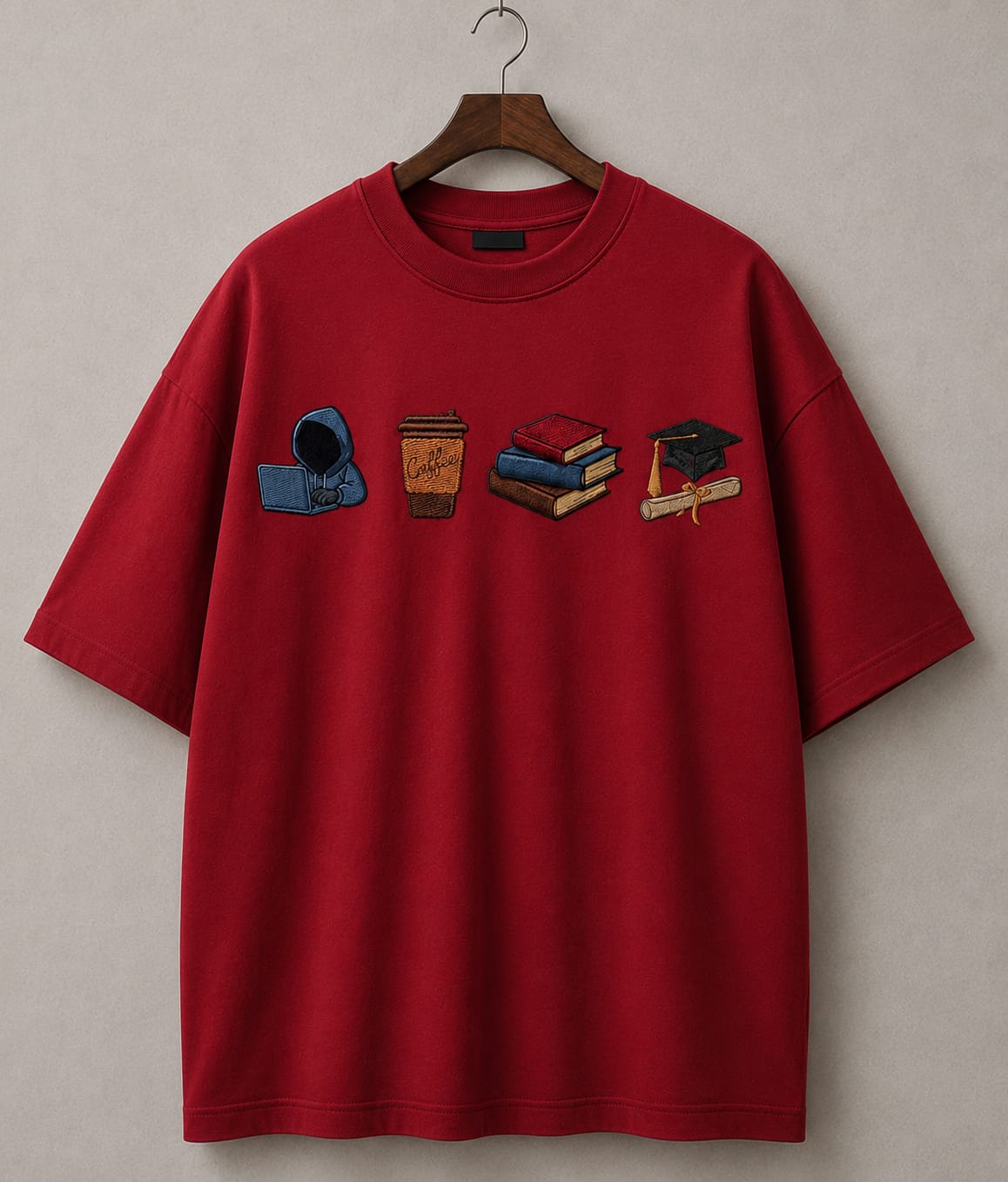 STELLAVITA CLOTHING  Premium ‘Study Journey’ Embroidery Design T-Shirt | Unisex Oversized Drop Shoulder Teas | Loose Fit Casual Tee for Men & Women (RED)