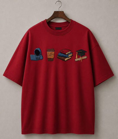 STELLAVITA CLOTHING  Premium ‘Study Journey’ Embroidery Design T-Shirt | Unisex Oversized Drop Shoulder Teas | Loose Fit Casual Tee for Men & Women (RED)