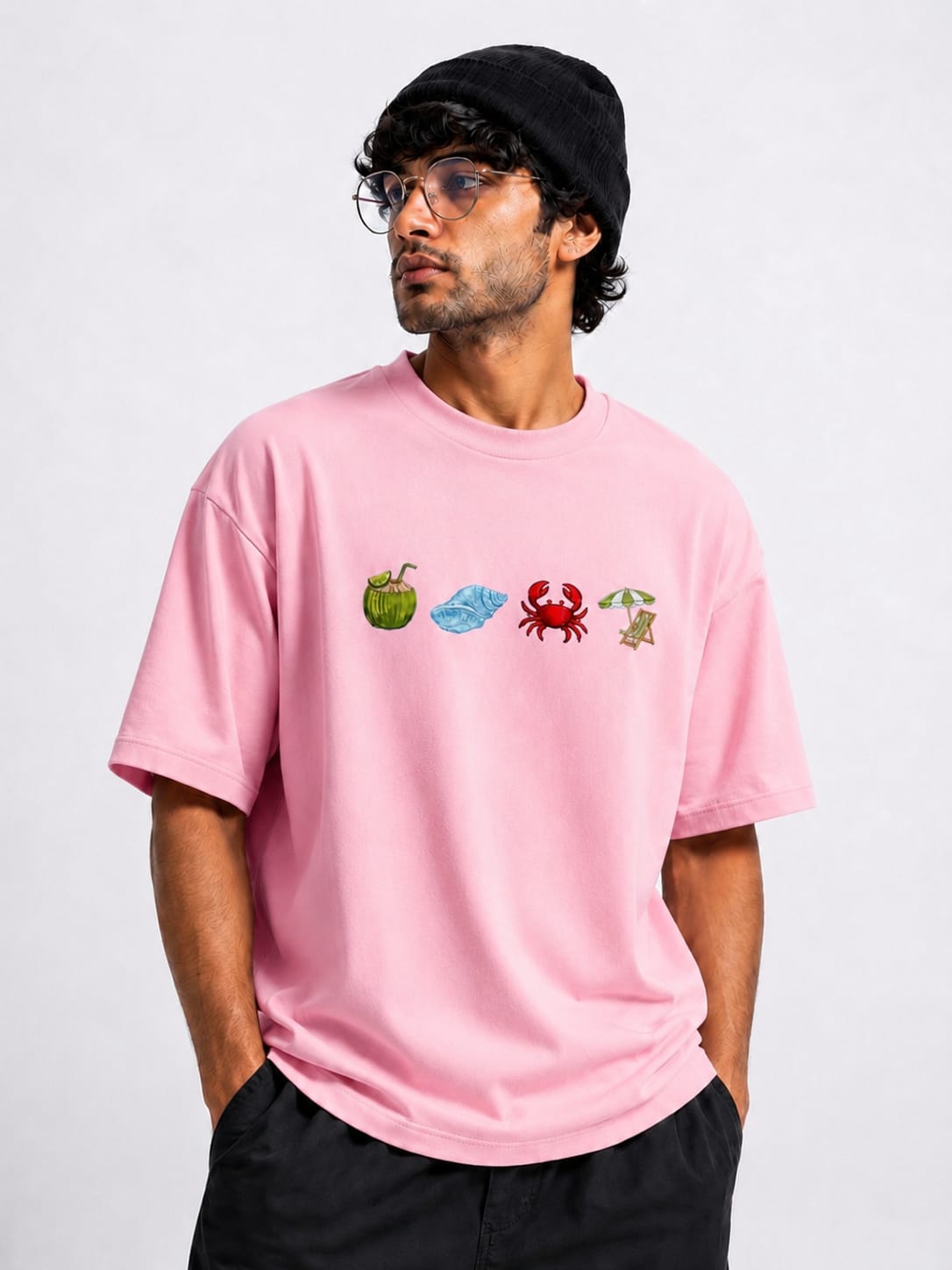 Light Pink Colour Beach  Embroidery Design Oversized T-Shirt for Men & Women | Premium 100% Cotton | 240 GSM | Unisex Beach Theme Embroidered Tee