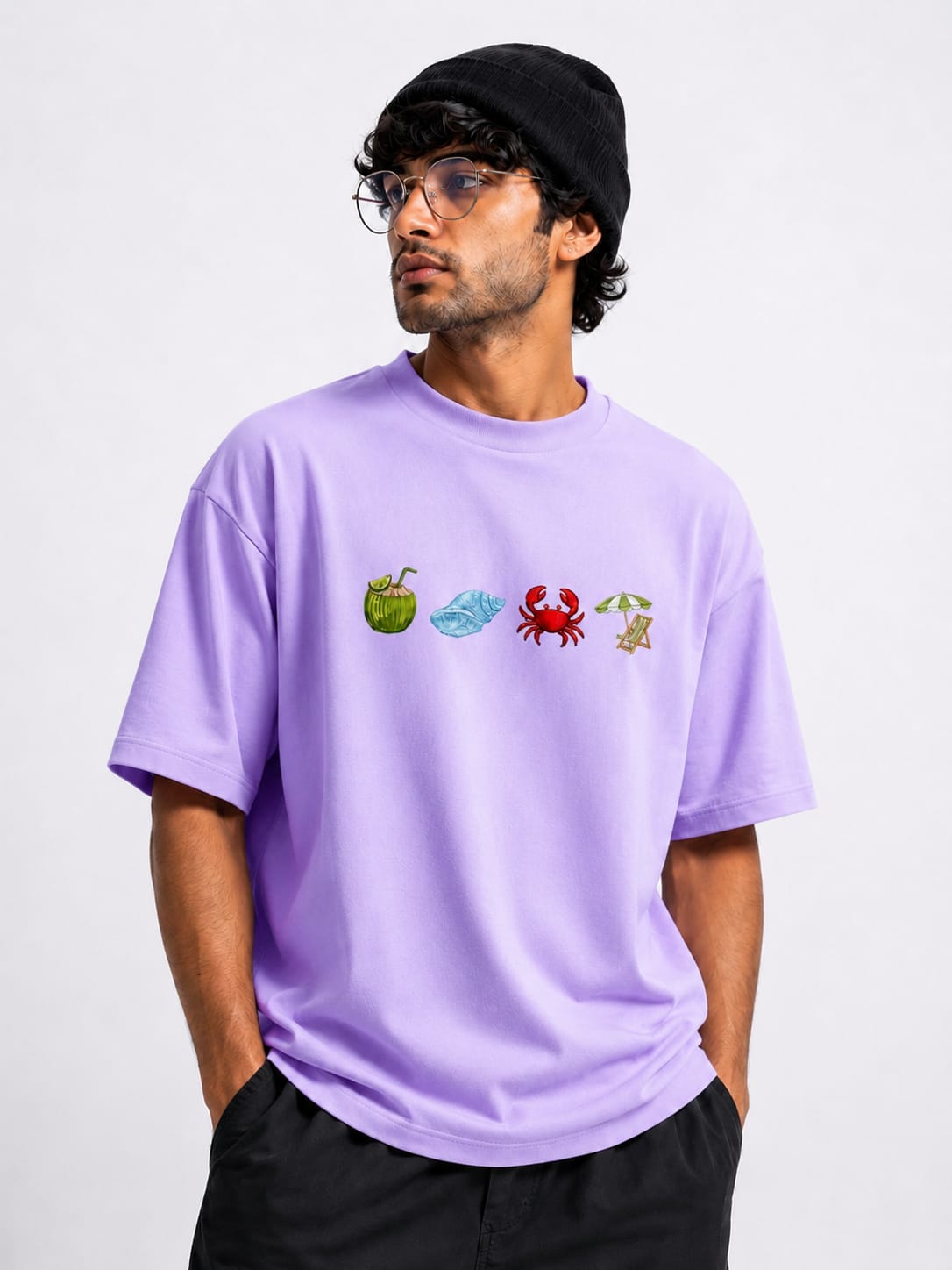 Light Pink Colour Beach  Embroidery Design Oversized T-Shirt for Men & Women | Premium 100% Cotton | 240 GSM | Unisex Beach Theme Embroidered Tee
