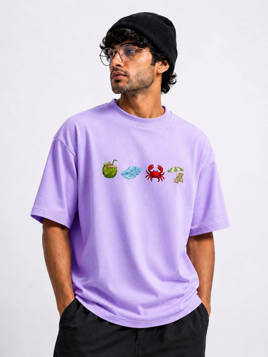 Light Pink Colour Beach  Embroidery Design Oversized T-Shirt for Men & Women | Premium 100% Cotton | 240 GSM | Unisex Beach Theme Embroidered Tee