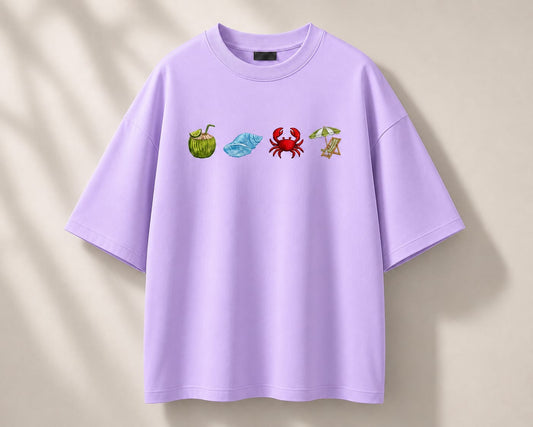 Light Pink Colour Beach  Embroidery Design Oversized T-Shirt for Men & Women | Premium 100% Cotton | 240 GSM | Unisex Beach Theme Embroidered Tee