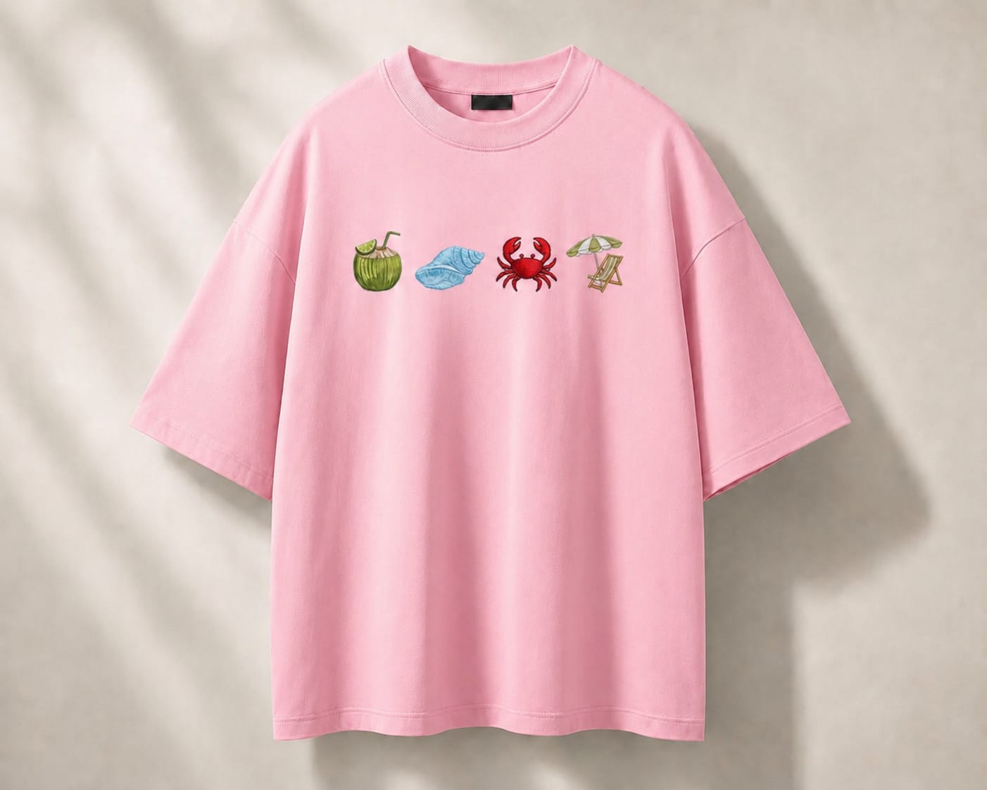 Light Pink Colour Beach  Embroidery Design Oversized T-Shirt for Men & Women | Premium 100% Cotton | 240 GSM | Unisex Beach Theme Embroidered Tee