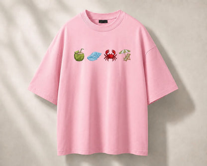 Light Pink Colour Beach  Embroidery Design Oversized T-Shirt for Men & Women | Premium 100% Cotton | 240 GSM | Unisex Beach Theme Embroidered Tee
