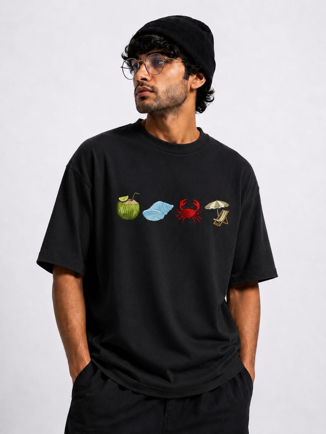 Black Colour  Beach  Embroidery Design Oversized T-Shirt for Men & Women | Premium 100% Cotton | 240 GSM | Unisex Beach Theme Embroidered Tees