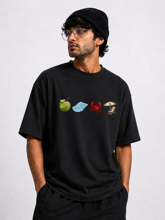 Black Colour  Beach  Embroidery Design Oversized T-Shirt for Men & Women | Premium 100% Cotton | 240 GSM | Unisex Beach Theme Embroidered Tees