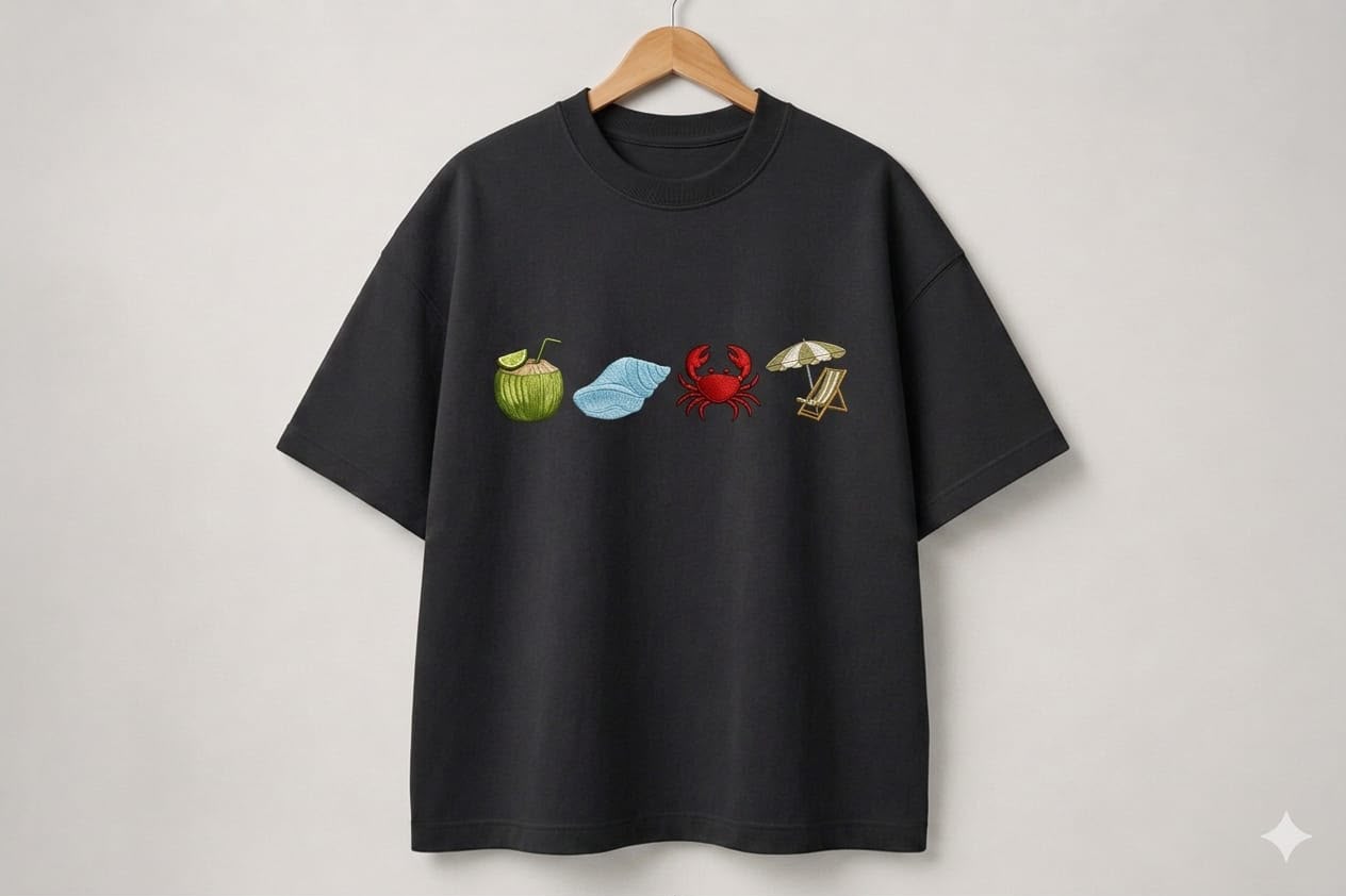 Black Colour  Beach  Embroidery Design Oversized T-Shirt for Men & Women | Premium 100% Cotton | 240 GSM | Unisex Beach Theme Embroidered Tees
