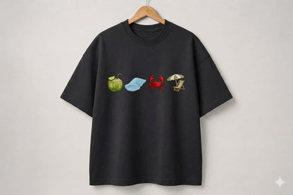 Black Colour  Beach  Embroidery Design Oversized T-Shirt for Men & Women | Premium 100% Cotton | 240 GSM | Unisex Beach Theme Embroidered Tees