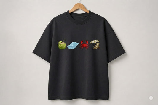 Black Colour  Beach  Embroidery Design Oversized T-Shirt for Men & Women | Premium 100% Cotton | 240 GSM | Unisex Beach Theme Embroidered Tees
