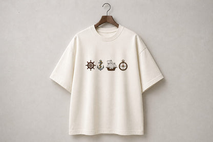 Ship Design Embroidery Oversized T-Shirt for Men & Women In Off White Colour| Premium 100% Cotton Street Wear Teas  | 240 GSM | Unisex Casual Embroidery Design Tee