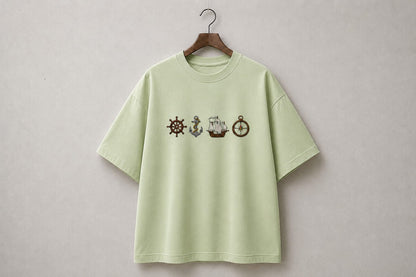 Ship Design Embroidery Oversized T-Shirt for Men & Women In Light Green Colour| Premium 100% Cotton Street Wear Teas  | 240 GSM | Unisex Casual Embroidery Design Tee