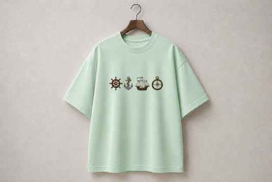 Ship Design Embroidery Oversized T-Shirt for Men & Women In Mint Green Colour| Premium 100% Cotton Street Wear Teas  | 240 GSM | Unisex Casual Embroidery Design Tee