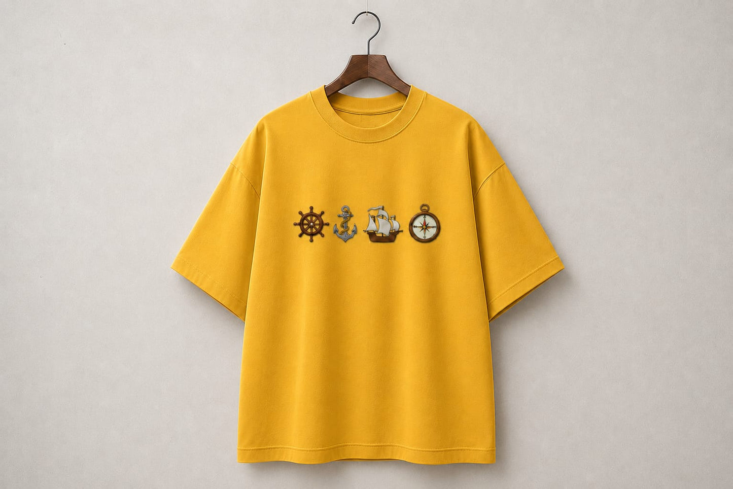 Ship Design Embroidery Oversized T-Shirt for Men & Women In Yellow Colour| Premium 100% Cotton Street Wear Teas  | 240 GSM | Unisex Casual Embroidery Design Tee