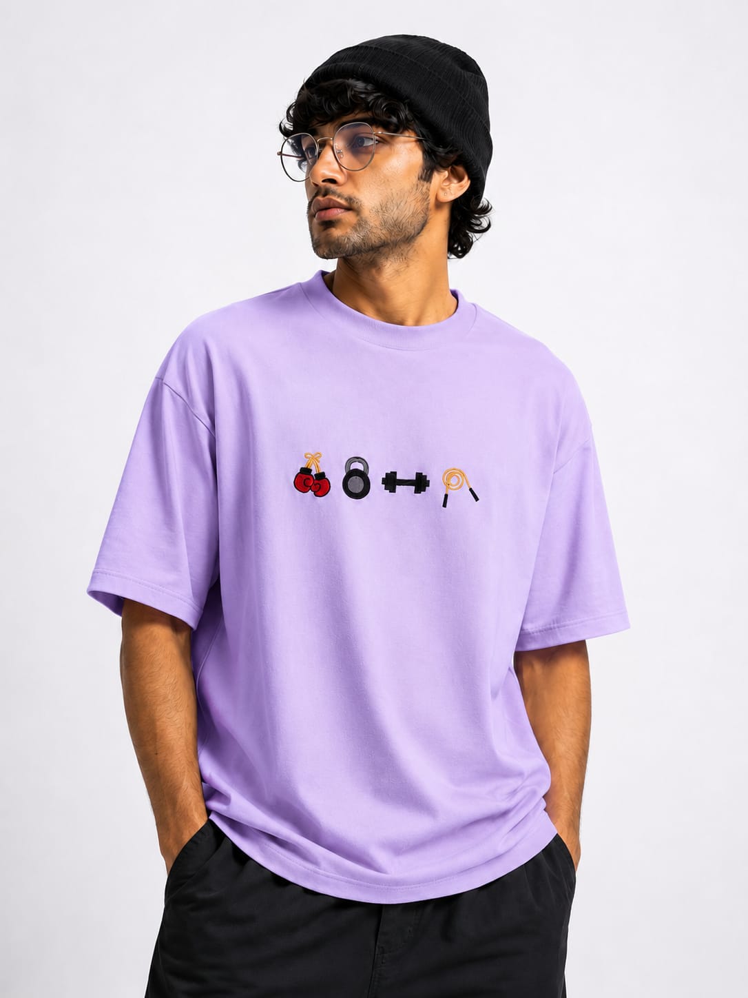 GYM LOVER EMBROIDERY DESIGN PURPLE COLOUR T SHIRT