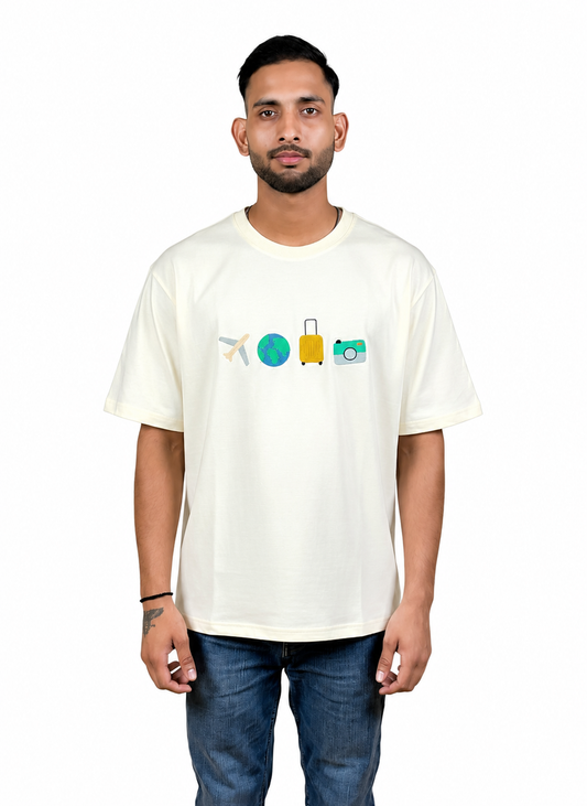 TRAVEL VIBES EMBROIDERY DESIGN UNISEX OVERSIZED OFF WHITE T SHIRT FOR MEN AND WOMEN