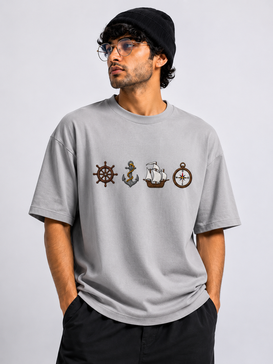 Ship Design Embroidery Oversized T-Shirt for Men & Women In Grey Colour| Premium 100% Cotton Street Wear Teas  | 240 GSM | Unisex Casual Embroidery Design Tee
