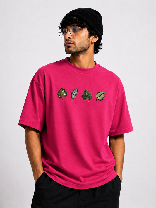 Unisex Oversized Pink  Leaf Design Drop Shoulder T-Shirt | Premium  Leaf Embroidery Design Loose Fit Casual Tee for Men & Women