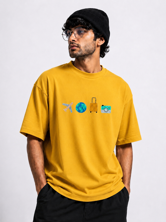 TRAVEL VIBES EMBROIDERY DESIGN YELLOW COLOUR UNISEX OVERSIZED BLACK T SHIRT FOR MEN AND WOMEN