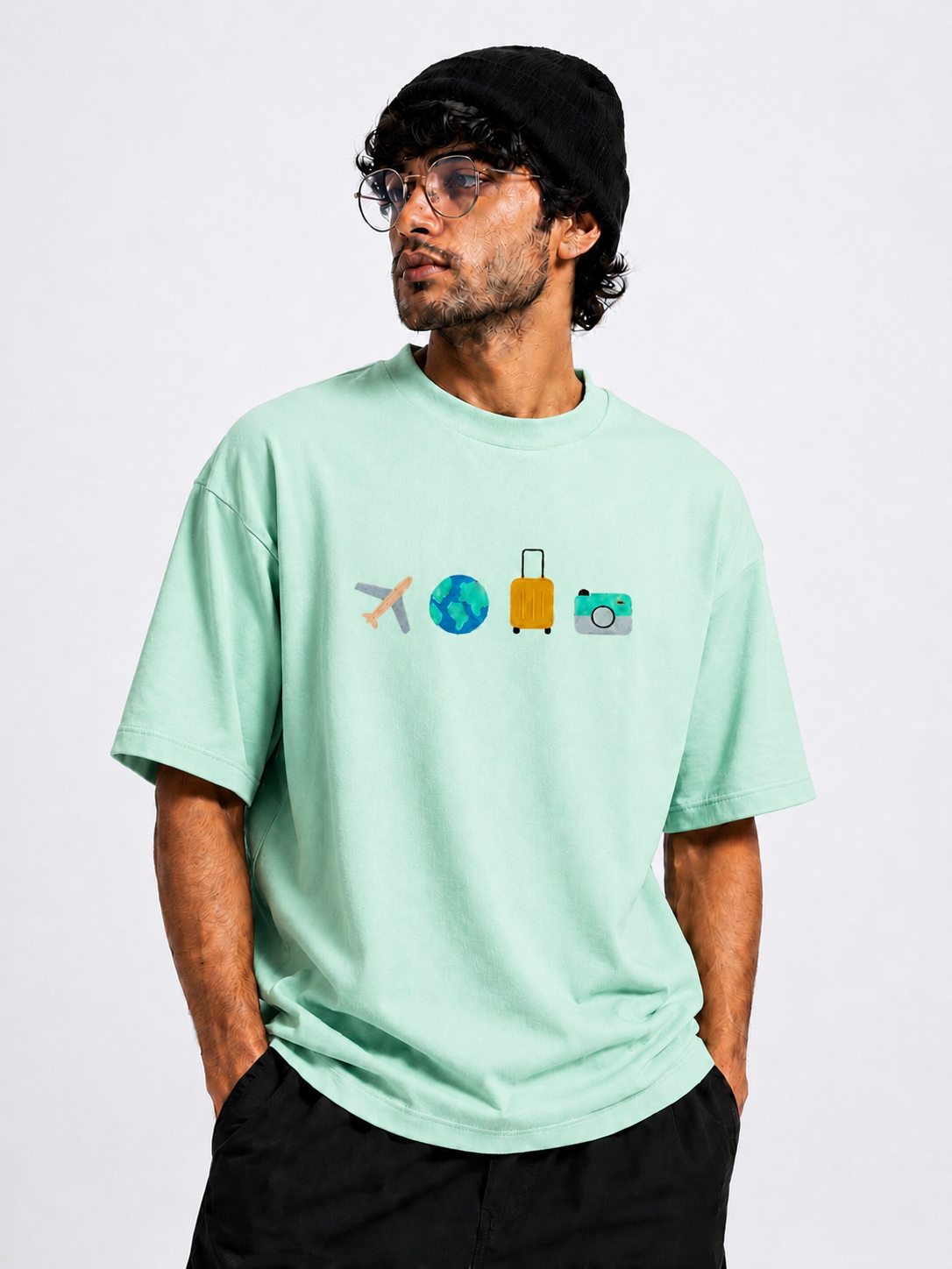 TRAVEL VIBES EMBROIDERY DESIGN UNISEX OVERSIZED MINT GREEN T SHIRT FOR MEN AND WOMEN