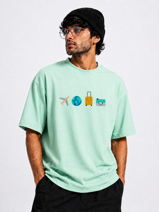 TRAVEL VIBES EMBROIDERY DESIGN UNISEX OVERSIZED MINT GREEN T SHIRT FOR MEN AND WOMEN