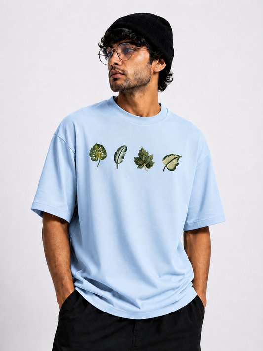 Unisex Oversized Sky Blue Leaf Design Drop Shoulder T-Shirt | Premium  Leaf Embroidery Design Loose Fit Casual Tee for Men & Women