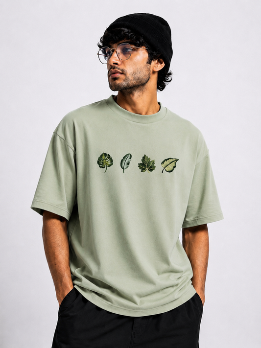 Unisex Oversized Green Leaf Design Drop Shoulder T-Shirt | Premium  Leaf Embroidery Design Loose Fit Casual Tee for Men & Women