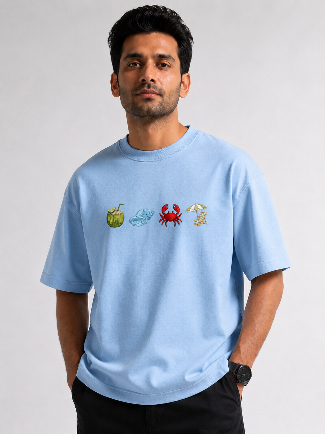 Sky Blue Beach  Embroidery Design Oversized T-Shirt for Men & Women | Premium 100% Cotton | 240 GSM | Unisex Beach Theme Embroidered Tees