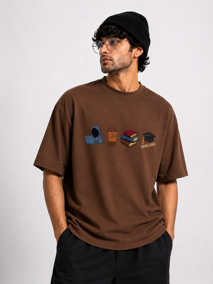 STELLAVITA CLOTHING  Premium ‘Study Journey’ Embroidery Design T-Shirt | Unisex Oversized Drop Shoulder Teas | Loose Fit Casual Tee for Men & Women (Brown)