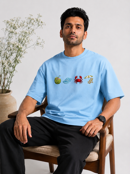 Sky Blue Beach  Embroidery Design Oversized T-Shirt for Men & Women | Premium 100% Cotton | 240 GSM | Unisex Beach Theme Embroidered Tees