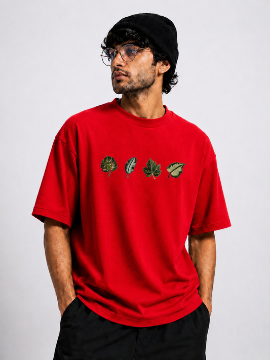 Unisex Oversized Red Leaf Design Drop Shoulder T-Shirt | Premium  Leaf Embroidery Design Loose Fit Casual Tee for Men & Women